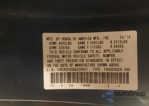 2016 Honda Accord Ex-L V-6 из США, поврежденный, VIN 1HGCR3F80GA029621